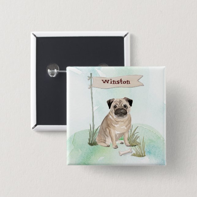 Custom Name Pug Pet Dog 15 Cm Square Badge (Front & Back)