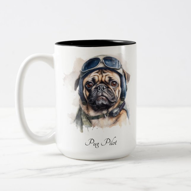 Custom Name Pug Pilot Vintage Aviator Art Mug (Left)