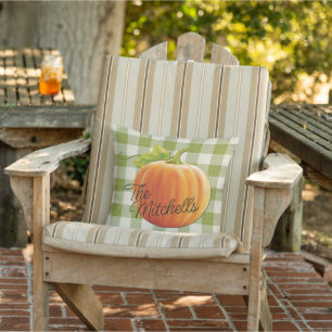 Custom Name Pumpkin Fall Green Gingham Pattern Cushion