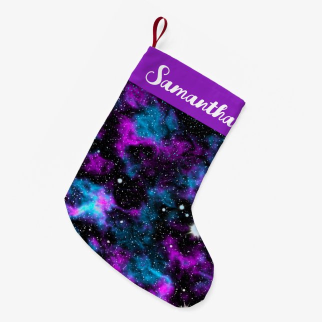 Custom Name Purple and Blue Galaxy Cosmic Small Christmas Stocking (Front (Hanging))