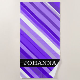Custom Name + Purple and White Striped Pattern Beach Towel