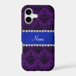 Custom name Purple black damask blue stripe