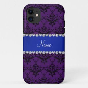 Custom name Purple black damask blue stripe iPhone 11 Case