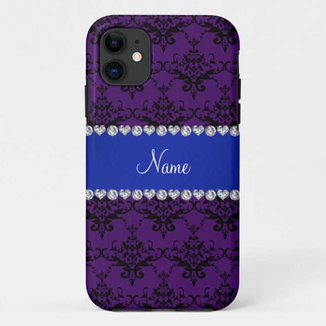 Custom name Purple black damask blue stripe Case-Mate iPhone Case (Back)