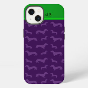 Custom name purple dachshund green stripe iPhone 13 case