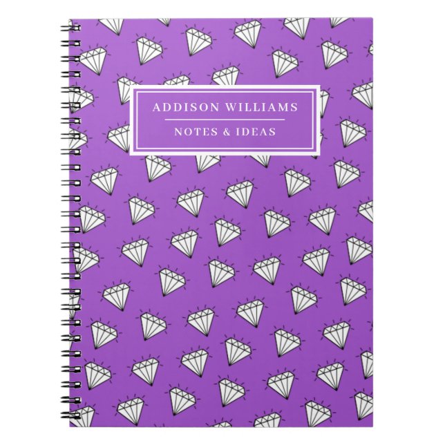 Custom Name Purple Diamond Gem Pattern Notebook (Front)