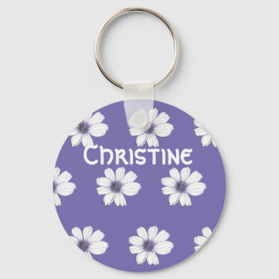 Custom Name Purple flower pattern Button Key Ring
