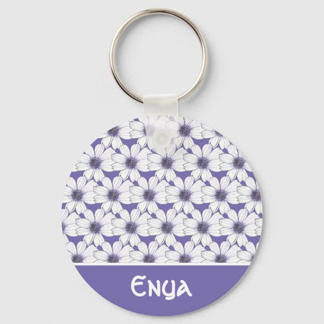 Custom Name Purple flower pattern Button Key Ring (Front)