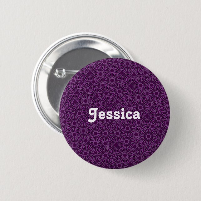 Custom name purple flowers on black 6 cm round badge (Front & Back)
