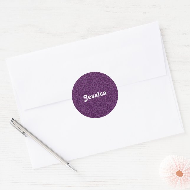 Custom name purple flowers on black classic round sticker (Envelope)