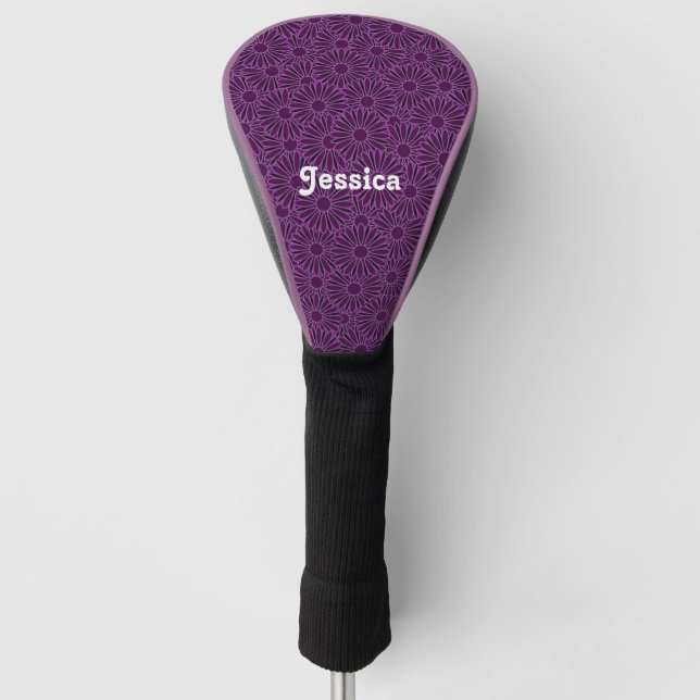 Custom name purple flowers on black golf head cover (Front)