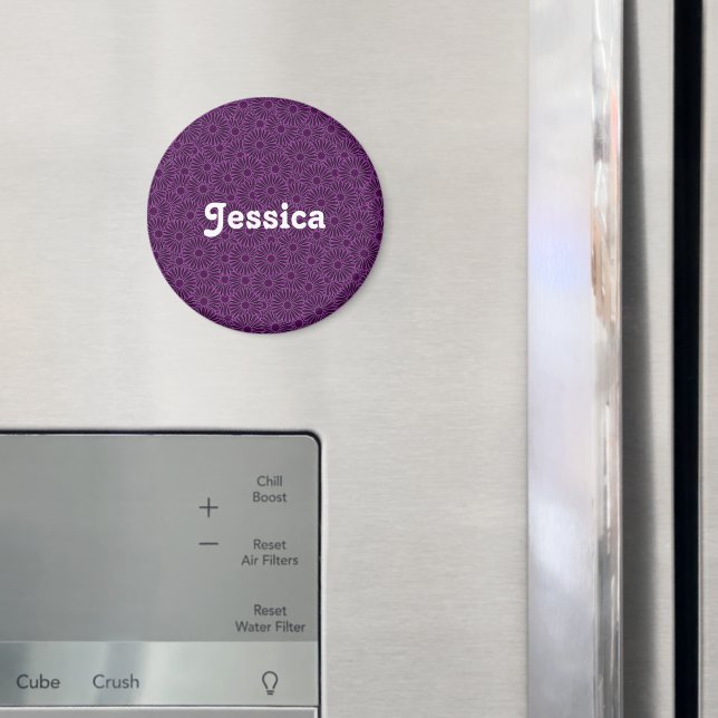 Custom name purple flowers on black magnet (In Situ (Fridge))