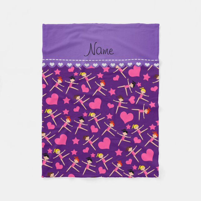 Custom name purple girl gymnasts hearts stars fleece blanket (Front)