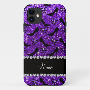 Custom name purple glitter black high heels bow iPhone 11 case