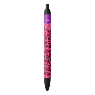 Custom name purple glitter pink leopard bow black ink pen