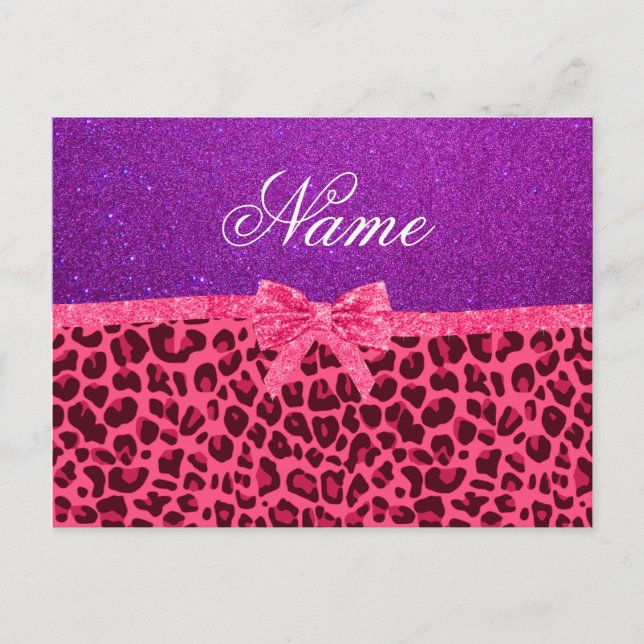Custom name purple glitter pink leopard bow postcard (Front)