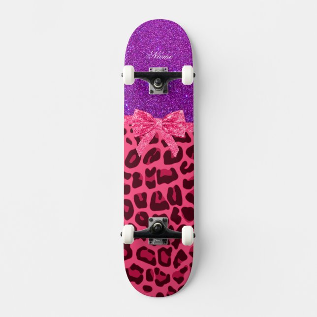 Custom name purple glitter pink leopard bow skateboard (Front)