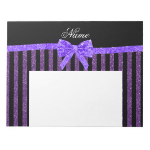 Custom name purple glitter stripes glitter bow notepad