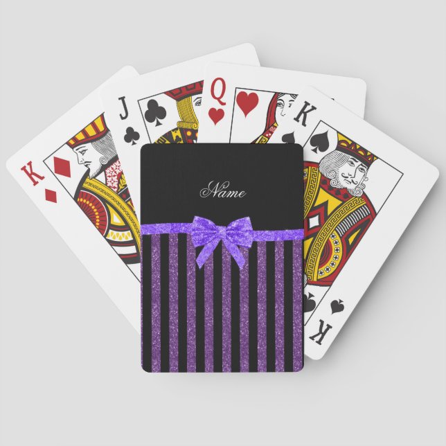 Custom name purple glitter stripes glitter bow playing cards (Back)