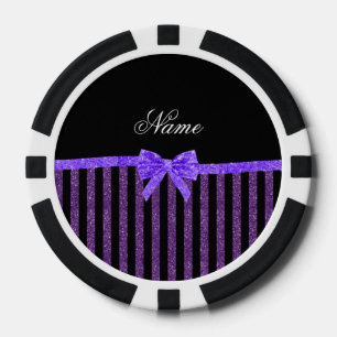 Custom name purple glitter stripes glitter bow poker chips