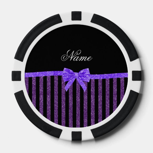 Custom name purple glitter stripes glitter bow poker chips (Front)
