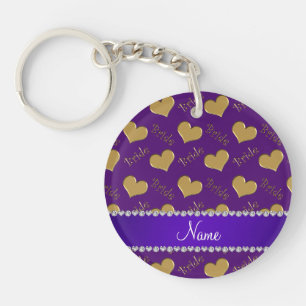 Custom name purple gold bride hearts key ring