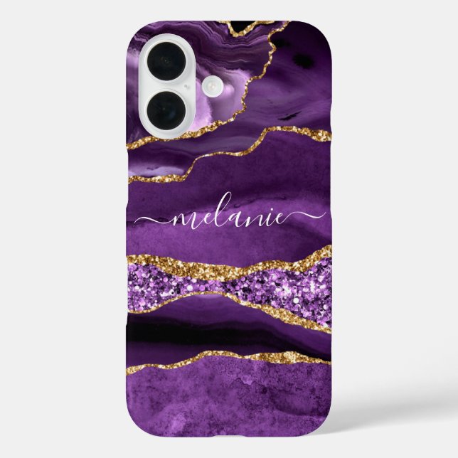 Custom Name Purple Gold Glitter Marble iPhone Case (Back)