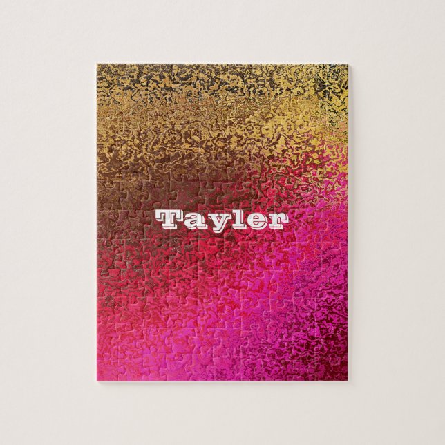 Custom Name Purple Gold Metallic Abstract Jigsaw Puzzle (Vertical)