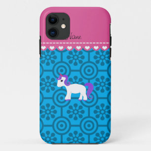 Custom name purple hair unicorn blue retro flowers iPhone 11 case