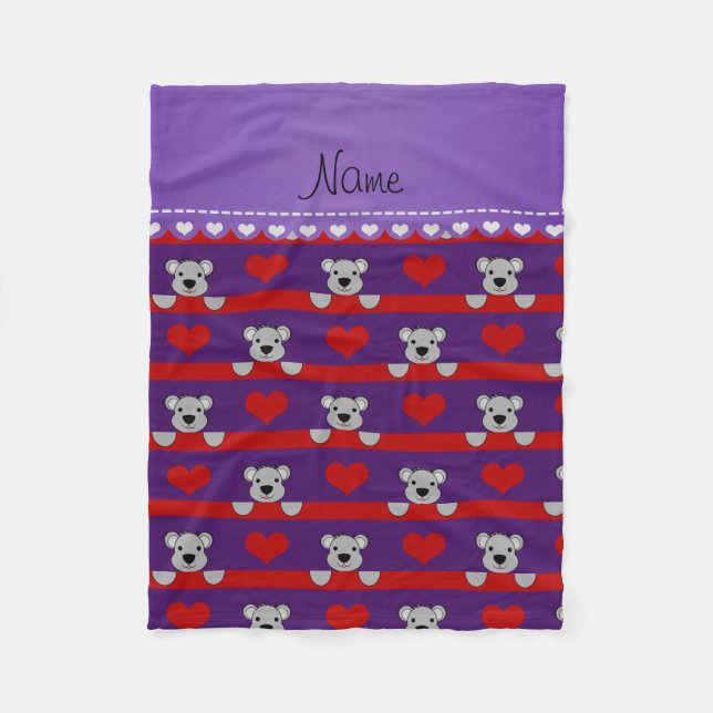 Custom name purple koalas red hearts stripes fleece blanket (Front)