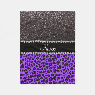 Custom name purple leopard dark grey glitter fleece blanket