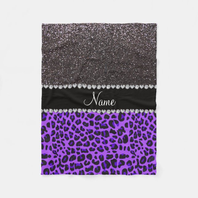 Custom name purple leopard dark grey glitter fleece blanket (Front)