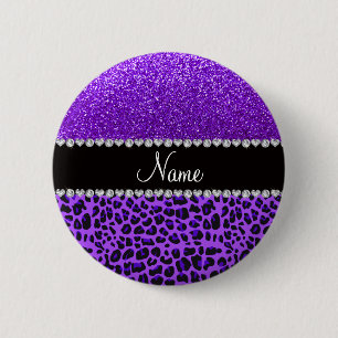 Custom name purple leopard indigo purple glitter 6 cm round badge