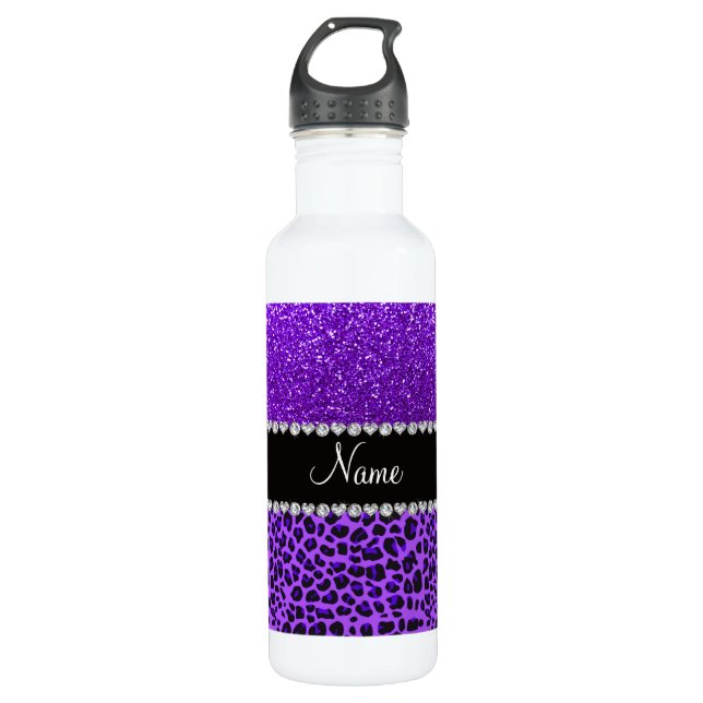 Custom name purple leopard indigo purple glitter 710 ml water bottle (Front)