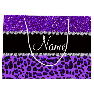 Custom name purple leopard indigo purple glitter large gift bag