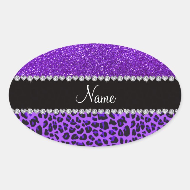 Custom name purple leopard indigo purple glitter oval sticker (Front)