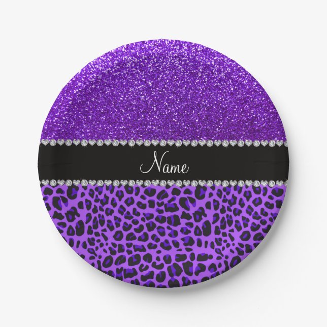 Custom name purple leopard indigo purple glitter paper plate (Front)