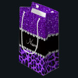 Custom name purple leopard indigo purple glitter small gift bag<br><div class="desc">Modern and trendy leopard gift ideas. Purple leopard animal print pattern background and indigo purple glitter (not real glitter) black diamonds stripe (faux diamonds, not real) with hearts and dots personalised with your name gifts or monogram gifts or your initials. Ideal for birthdays, weddings, parties and much more featuring an...</div>