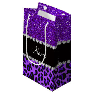 Custom name purple leopard indigo purple glitter small gift bag