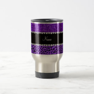 Custom name purple leopard indigo purple glitter travel mug
