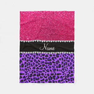 Custom name purple leopard neon hot pink glitter fleece blanket