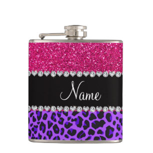 Custom name purple leopard neon hot pink glitter hip flask