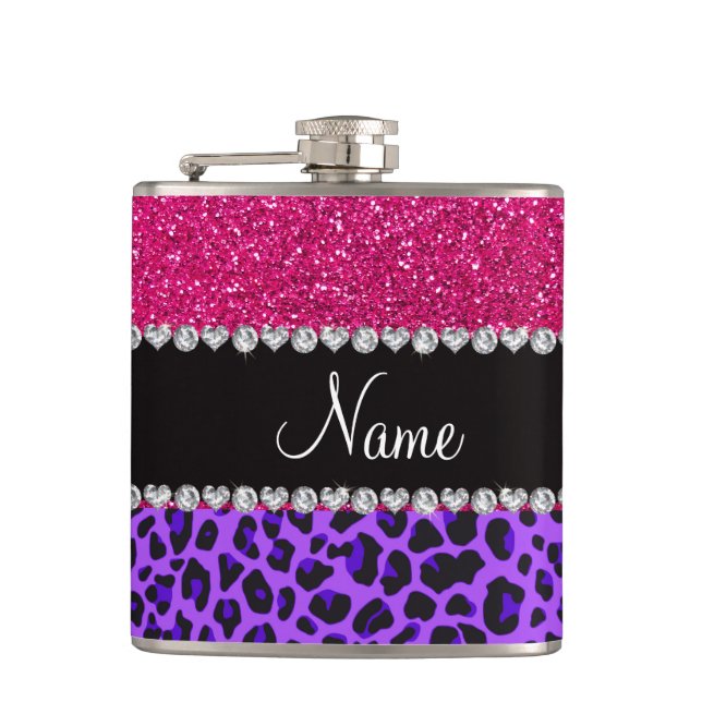 Custom name purple leopard neon hot pink glitter hip flask (Front)