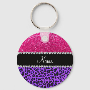 Custom name purple leopard neon hot pink glitter key ring