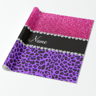 Custom name purple leopard neon hot pink glitter wrapping paper
