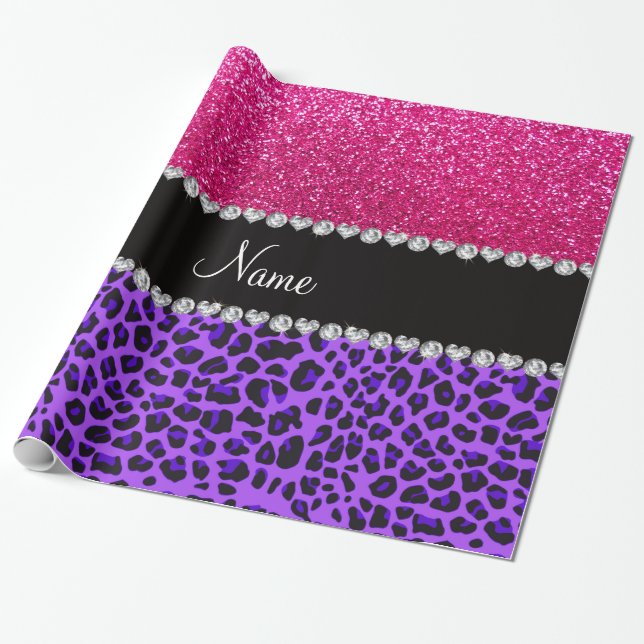 Custom name purple leopard neon hot pink glitter wrapping paper (Unrolled)