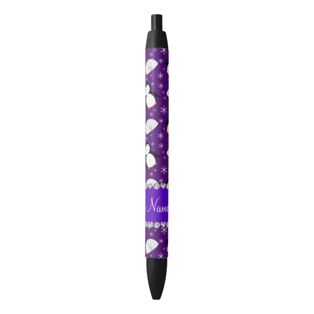 Custom name purple penguins igloos snowflakes black ink pen (Front Vertical)