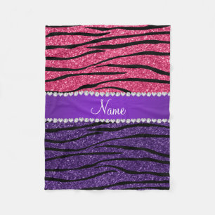 Custom name purple pink glitter zebra stripes fleece blanket