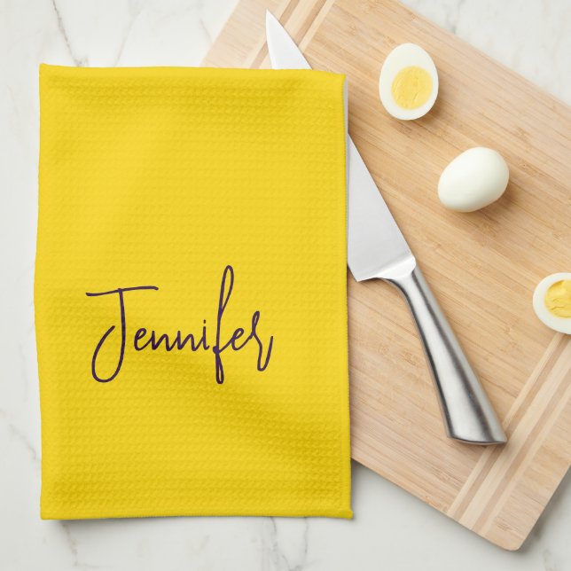 Custom name purple text yellow tea towel (Quarter Fold)