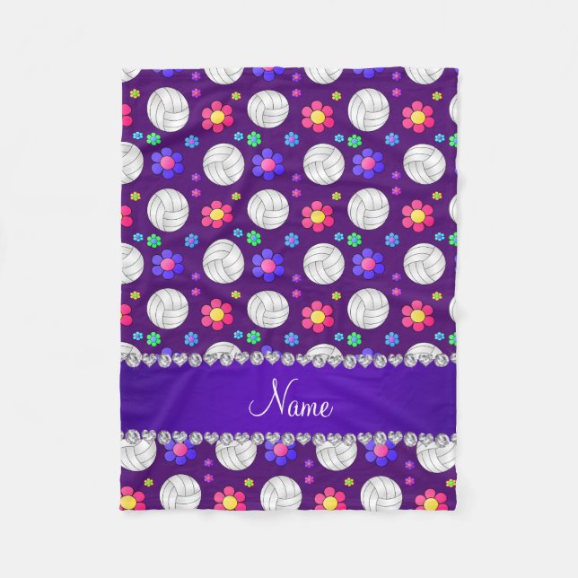 Custom name purple volleyball rainbow flowers fleece blanket (Front)